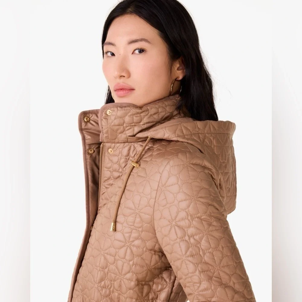 Kate Spade Latte Puffer Jacket with Quilted Spade Design